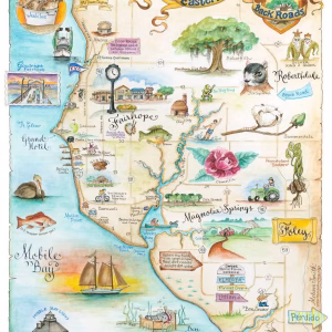 Hand Drawn Map Fairhope, Alabama, Daphne, Magnolia Springs, Eastern Shore, Baldwin County, Alabama